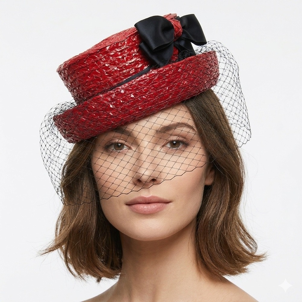 Vintage Red Straw Pillbox Hat Black Birdcage‎ Veil Satin Bow Retro 50s 60s Style